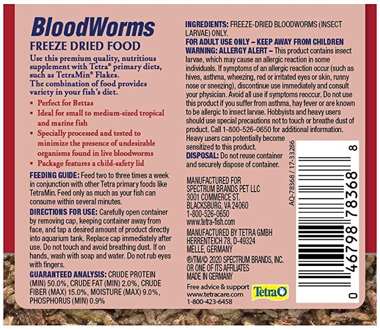 Tetra BloodWorms Freeze Dried Fish Food For Aquariums & Fish Tanks Blood Worms - 0.92 OZ