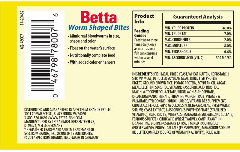 Tetra BettaMin Worm Shaped Bites Betta Food For Aquariums & Fish Tanks - 0.98 OZ