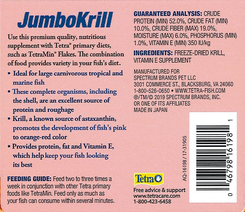 Tetra JumboKrill Freeze Dried Jumbo Shrimp Fish Food For Aquariums & Fish Tanks -3.5 OZ